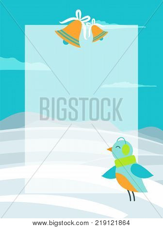 Winter theme colorful postcard with bright bird dressed in green scarf and furry headphones. Vector illustration with animal on snowy background
