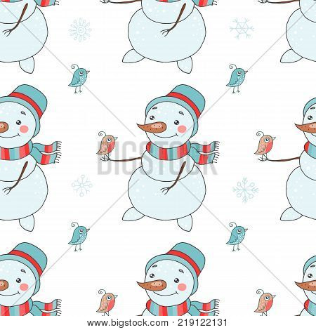 Christmas seamless pattern with cute snowman and snowflake for new year's design on a white background. Lovely xmas hand drawn illustration in cartoon style.