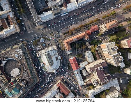 Central part of Kyiv with Arena City, Bessarabsky Market and Khreshchatyk street. Top view panoramic photo. Horizontal.