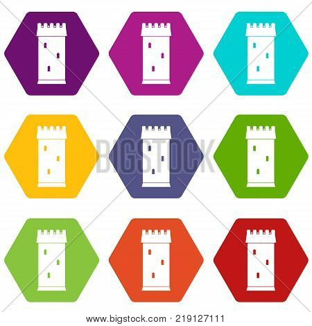 Fortress tower icon set many color hexahedron isolated on white vector illustration