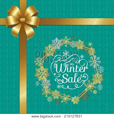 Winter sale poster in decorative frame made of silver and golden snowflakes, snowballs of gold in x-mas concept on green vector with bow in corner