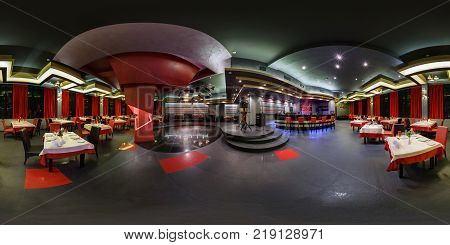 GRODNO BELARUS - MAY 29 2013: Full 360 panorama in equirectangular spherical projection in luxury red restaurant Turan