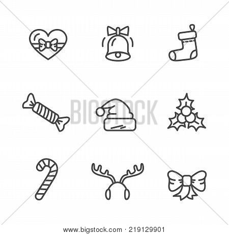 Winter theme set of icons isolated on white background. Vector illustration with Santa Claus hat with bubo, ringing bell decorated by bow and sweets