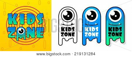 Kids Zone banner in cartoon style with a good jelly monster. for children's playroom decoration Children Playground. Vector illustration.