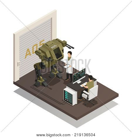 Fighting robots design concept with engineers in scientific lab interior involved in development of stormtrooper machine isometric vector illustration