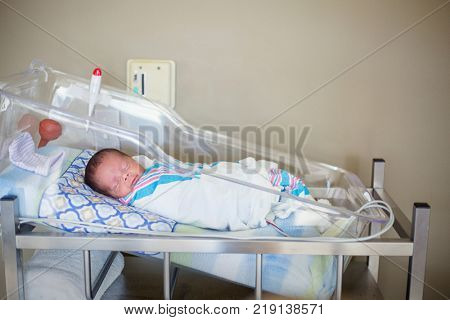 Sleeping baby boy resting in a hospital crib in a hospital delivery room. The ethnically diverse child is peaceful and content in his bed