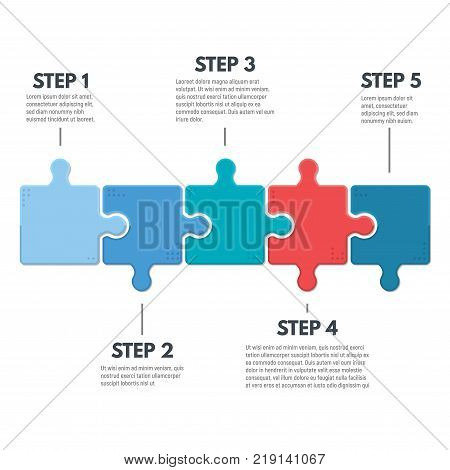 Puzzle infographic bussines concept. Template for business project presentation. Diagram with five puzzle pieces connected to each other. Modern line vector.