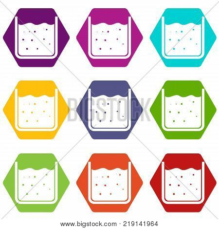 Beaker filled with liquid icon set many color hexahedron isolated on white vector illustration