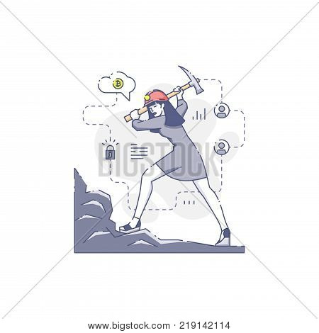Young woman in helmet working with pickaxe mining bitcoins in an ore. Flat line bitcoin mining illustration for infographics in blue tone isolated on white background.