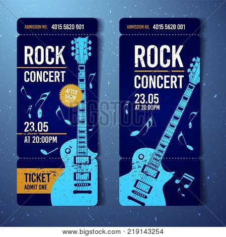 vector illustration blue rock concert festival ticket design template with guitar and grunge effects