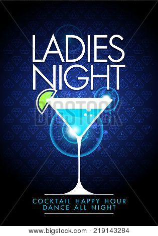 vector illustration party happy hour ladies night flyer design template with cocktail glass and modern pattern in the background