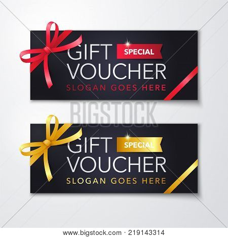 Vector illustration, black gift voucher template with clean and modern premium ribbon and cool red and gold elements