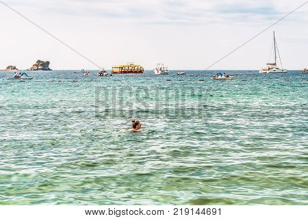 Budva, Montenegro - August 21, 2017: View of the Gulf of the Adriatic Sea in Budva, Montenegro, where the most popular beaches in the Budva Riviera.