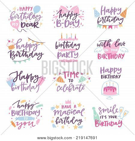 Happy birthday vector quote anniversary text sign kids birth lettering type with calligraphy letters or textual font for anniversary greeting card to typography illustration isolated on white.