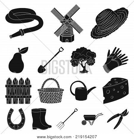 Farm and gardening black icons in set collection for design. Farm and equipment vector symbol stock  illustration.