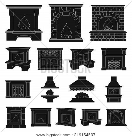 Different kinds of fireplaces black icons in set collection for design.Fireplaces construction vector symbol stock  illustration.