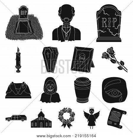 Funeral ceremony black icons in set collection for design. Funerals and Attributes vector symbol stock  illustration.