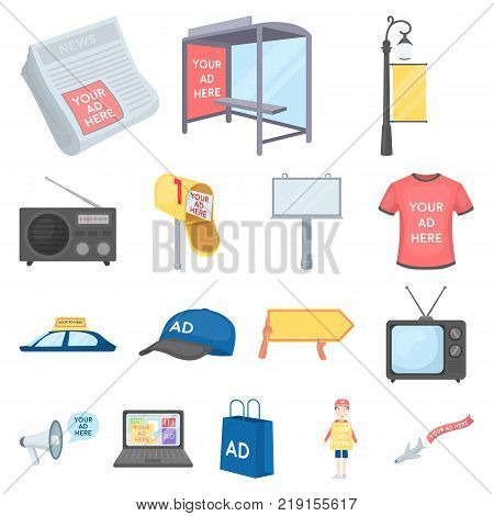Production of advertising cartoon icons in set collection for design. Advertising equipment vector symbol stock  illustration.