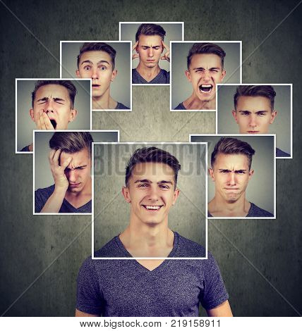 Portrait of a happy masked man expressing different emotions