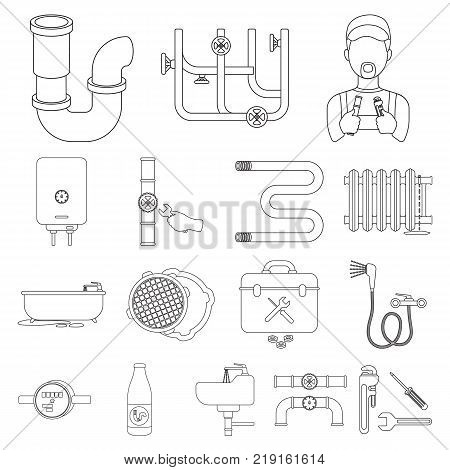 Plumbing, fitting outline icons in set collection for design. Equipment and tools vector symbol stock  illustration.