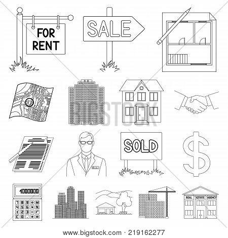 Realtor, agency outline icons in set collection for design. Buying and selling real estate vector symbol stock  illustration.
