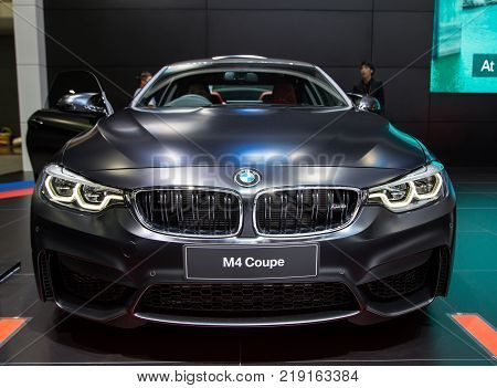Bangkok Thailand - December 11 2017: BMW M4 MPower Matte Black presented in Motor Expo 2017