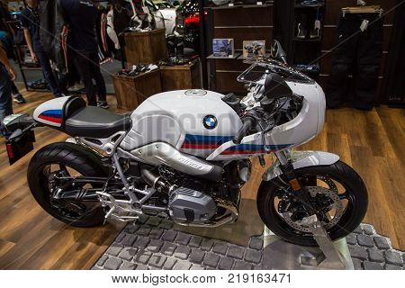Bangkok Thailand - December 11 2017: BMW R Nine T Scrambler Motorcycle presented in Motor Expo 2017