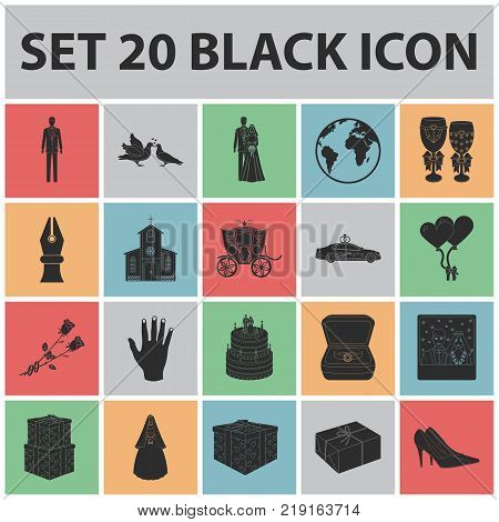 Wedding and Attributes black icons in set collection for design. Newlyweds and Accessories vector symbol stock  illustration.
