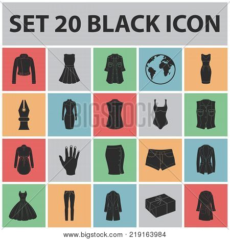 Women's Clothing black icons in set collection for design.Clothing Varieties and Accessories vector symbol stock  illustration.