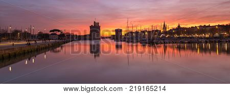 Panoramic view of Harbor by night with beautiful sunset in La Rochelle Town
