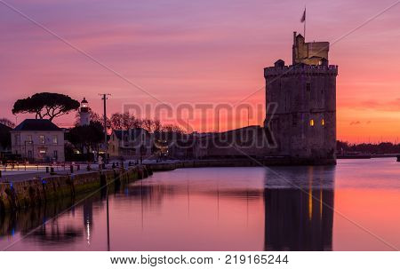 Harbor by night with beautiful sunset in La Rochelle Town