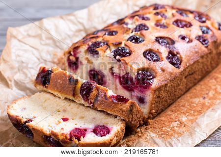 Sweet cherry cake. Homemade dessert. Close up view.