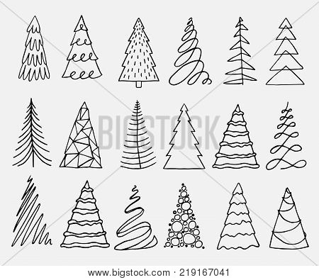 Set of different christmas tree doodle. Vector illustration.