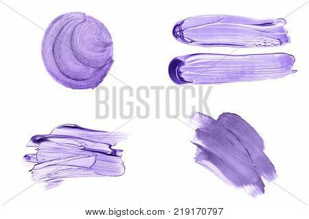 Set of beautiful textured Ultra Violet melallic strokes isolated on white background.