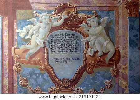 BELEC, CROATIA - JULY 09: Fresco painting on the ceiling of the Baroque Church of Our Lady of the Snow in Belec, Croatia on July 09, 2016.