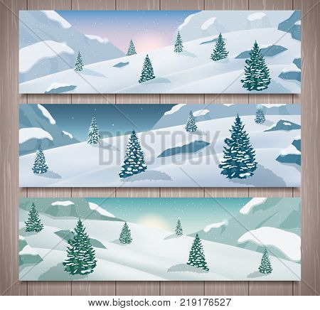 Three snowy landscapes banner with wild nature, mountains and snow trees. Winter holidays. Vector  illustration