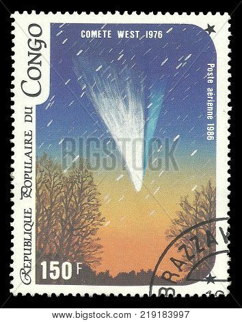 Congo - CIRCA 1986: Stamp printed by Congo Color memorable Air mail edition offset printing devoted discovering of Halley's Comet shows Comet West