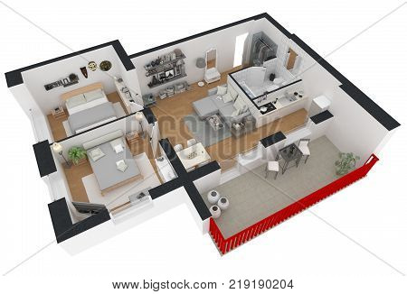 3d rendering of furnished home apartment plan