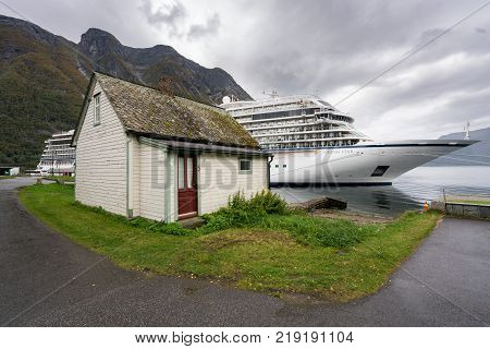 EIDFJORD, NORWAY - 21 SEPTEMBER 2017: Viking Star cruise ship docked at the quayside in Eidfjord in Norway