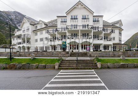 EIDFJORD, NORWAY - 21 SEPTEMBER 2017: Quality Hotel on the quayside in Eidfjord in Norway
