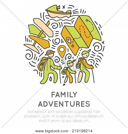 Family adventure and outdoor activities hand draw icon concept. Family travel icons in one round form with decorative elements. Woman, men and child trekking and get adventures on vacation, sketch cartooning vector illustration on white background