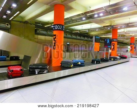 Cologne, Germany - December 12, 2017: The baggage claim room at Cologne Bonn Airport at Cologne, Germany on December 12, 2017.