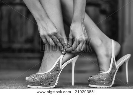 beige shoes female fancy high heel pumps strappy sandals on woman legs beautiful feet