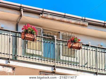 Balcony of house with flowers in Agerola Amalfi coast Italy