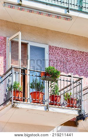 Balcony of house with flowers at Agerola Amalfi coast Italy