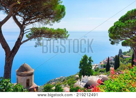 View from terrace to Tyrrhenian sea at Ravello village Amalfi coast Italy