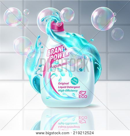 Realistic vector banner with organic liquid detergent in light blue plastic bottle with brand label, with splashed cleanser and soap bubbles against white tile. Mockup efficient laundry detergent ad