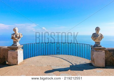 Sculptures at the terrace in Ravello village Tyrrhenian sea Amalfi coast Italy