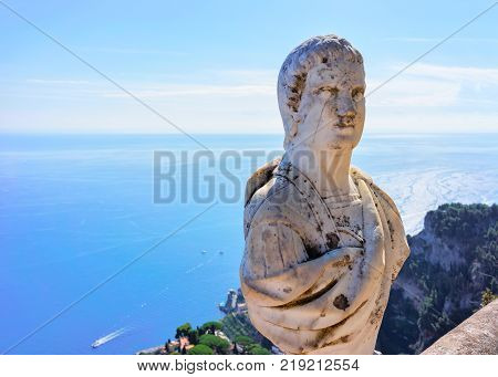 Sculpture at the terrace of Ravello village Tyrrhenian sea Amalfi coast Italy