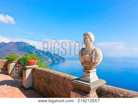Sculpture and flowers at the terrace Ravello village Tyrrhenian sea Amalfi coast Italy